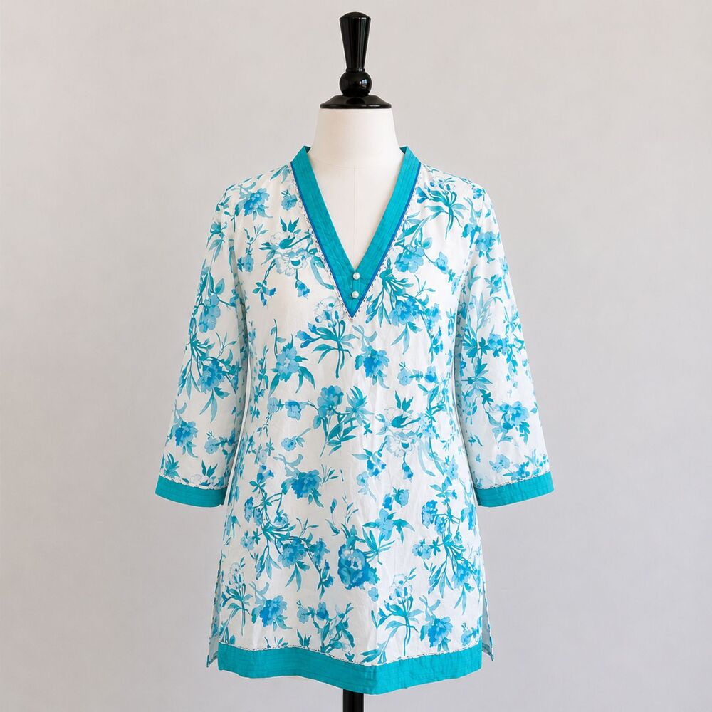 Floral Artsy Tunic Top Women's Blue White Boho‎ V Neck 3/4 Sleeve Beach Medium